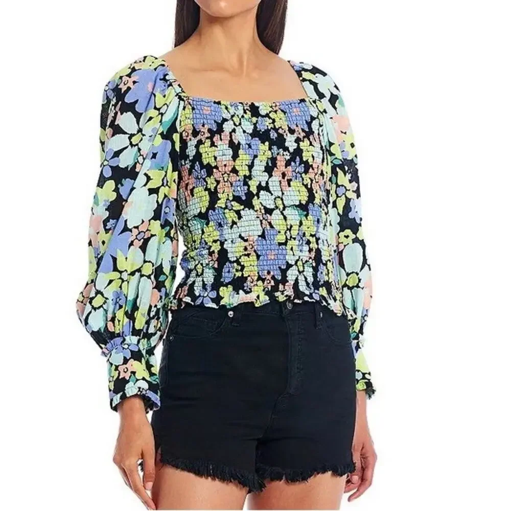 Free People Ariana Floral Puff Sleeve Blouse Size S